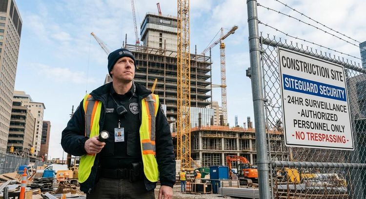 Construction worker in safety vest and hard hat at a city building site beside a warning sign.