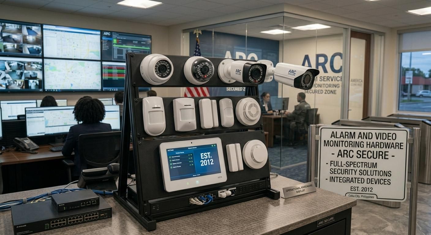 Security monitoring station with multiple camera feeds and alarm devices in a control room