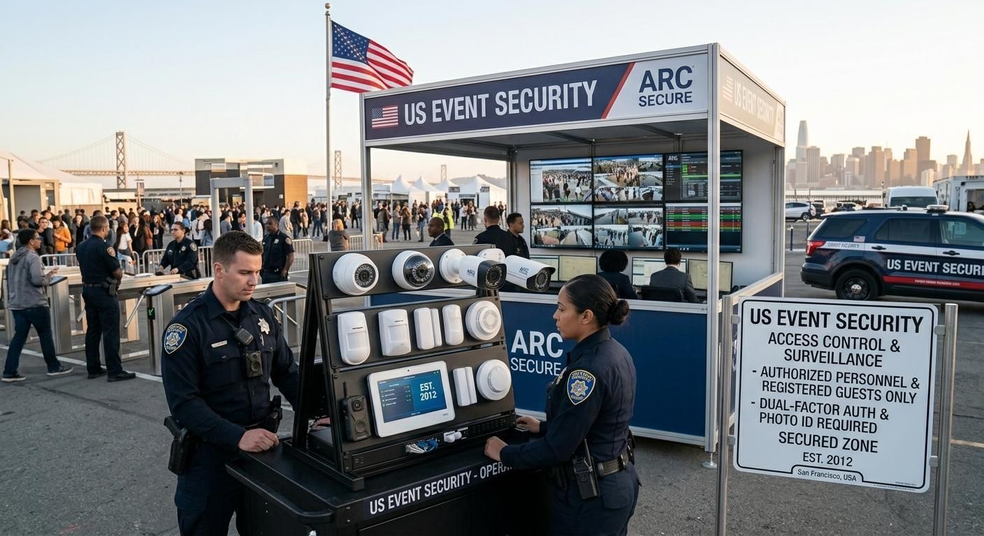 Security officers inspecting equipment at a U.S. Port Security checkpoint with city skyline in the background.
