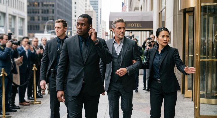Four business professionals in dark suits walking out of a hotel entrance, security line behind them.