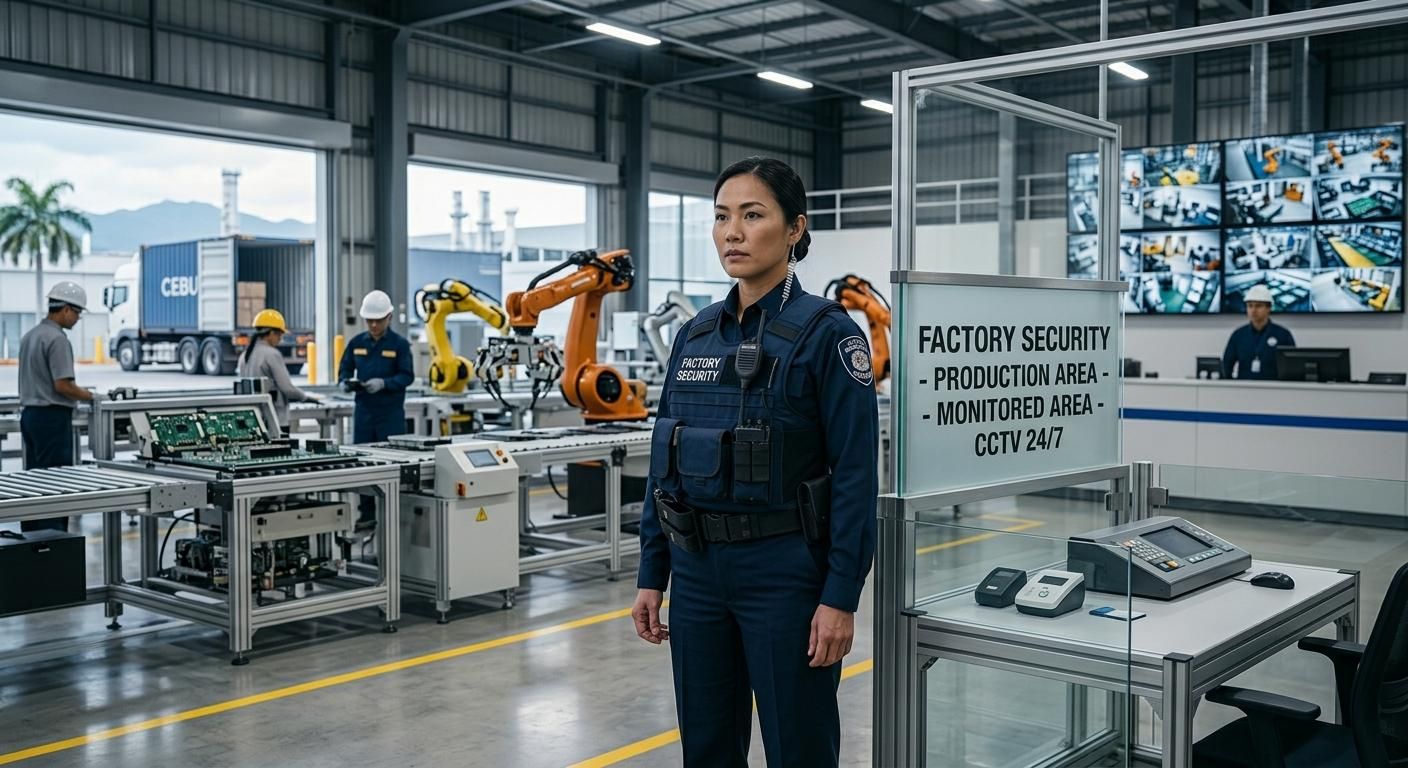 Worker in dark blue coveralls stands in a modern factory beside automated machinery and a safety sign.