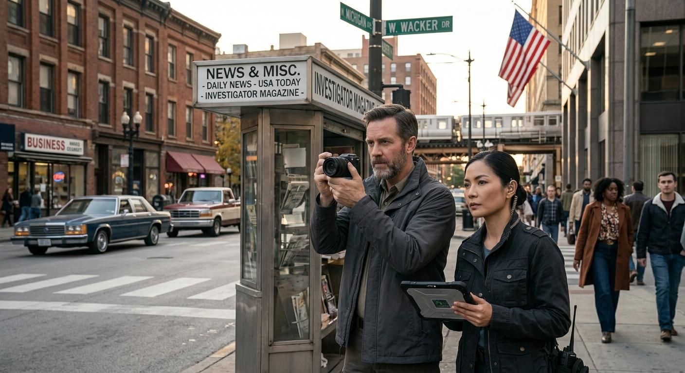Two people using phones on a busy city sidewalk, with a newsstand and street flags in the background