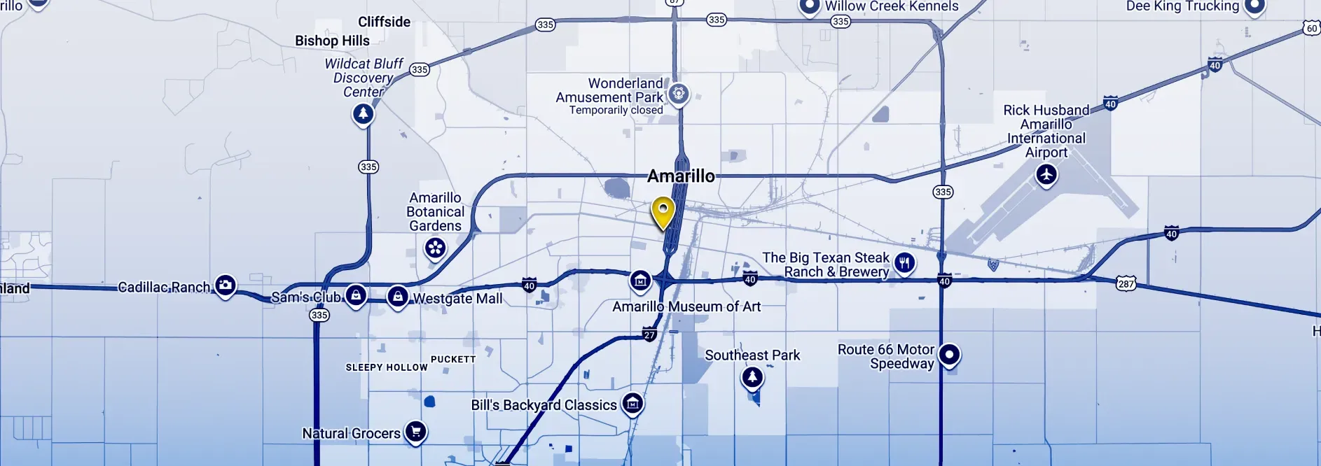 Blue transit map with route lines, station labels, and a highlighted central location