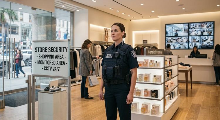Store security guard stands in a bright cosmetics shop beside a sign warning against shoplifting.