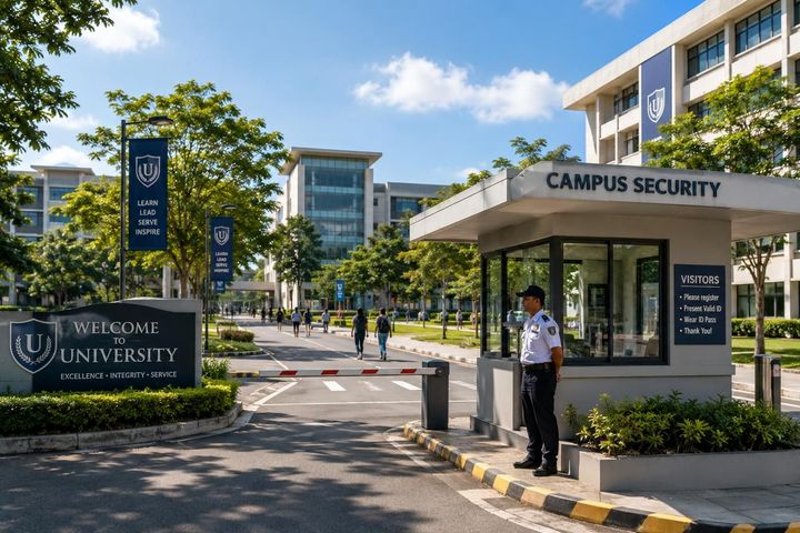 University campus entrance with security booth, gate, and guard standing by the road