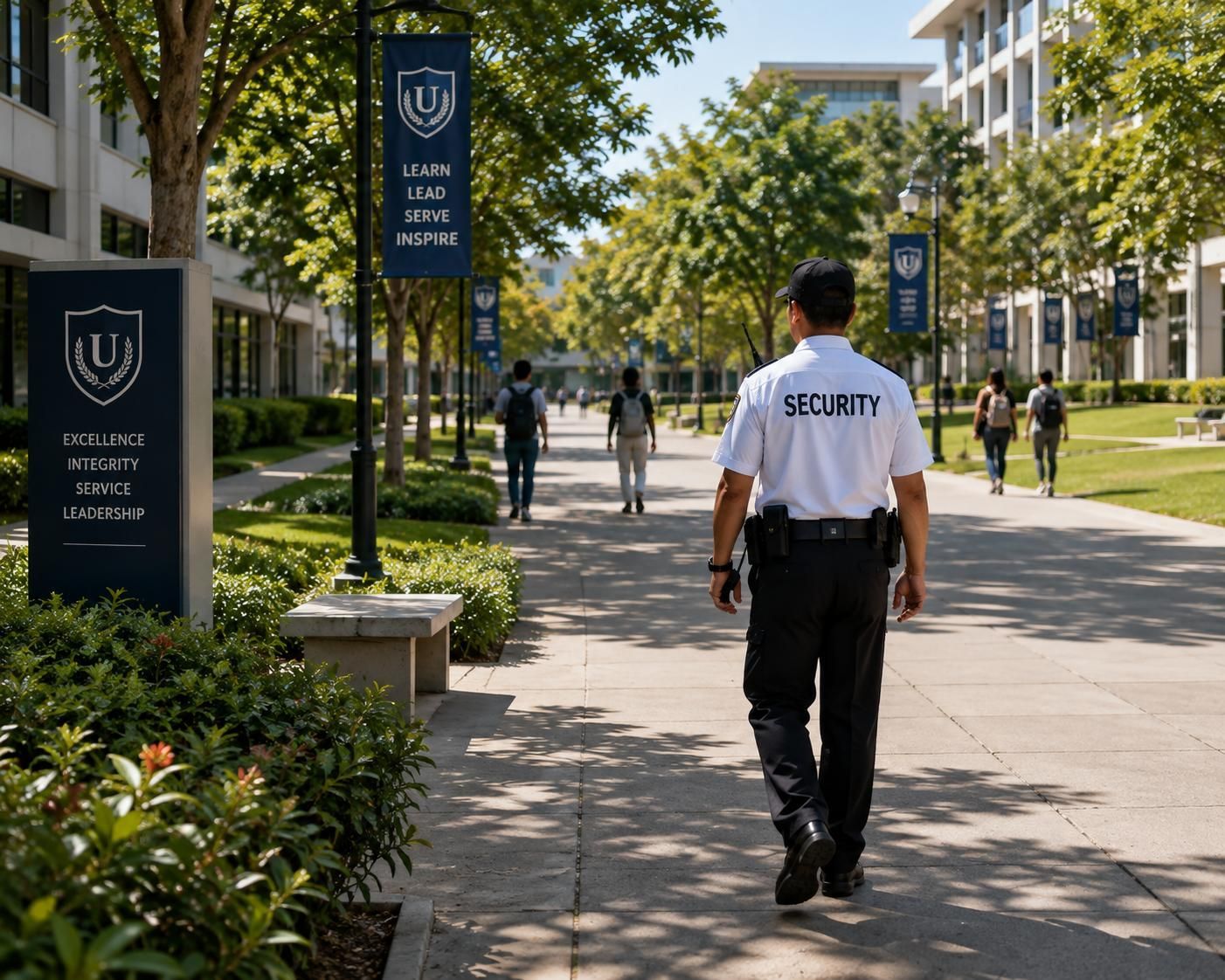 Security guard walking along a sunny campus path between buildings and signs