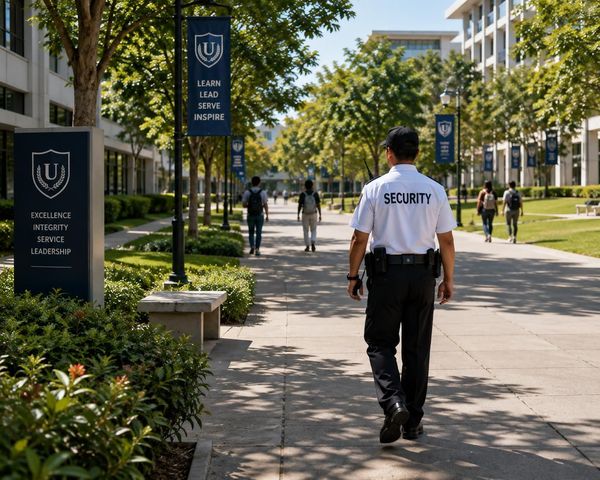 Security guard walking down a sunlit campus path between buildings and banners.