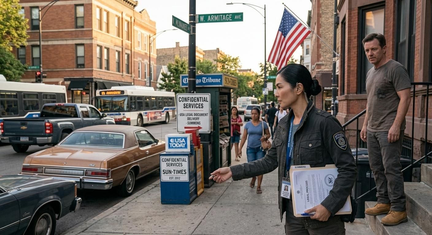 Pedestrian handing a flyer on a city sidewalk beside parked cars and storefronts at dusk