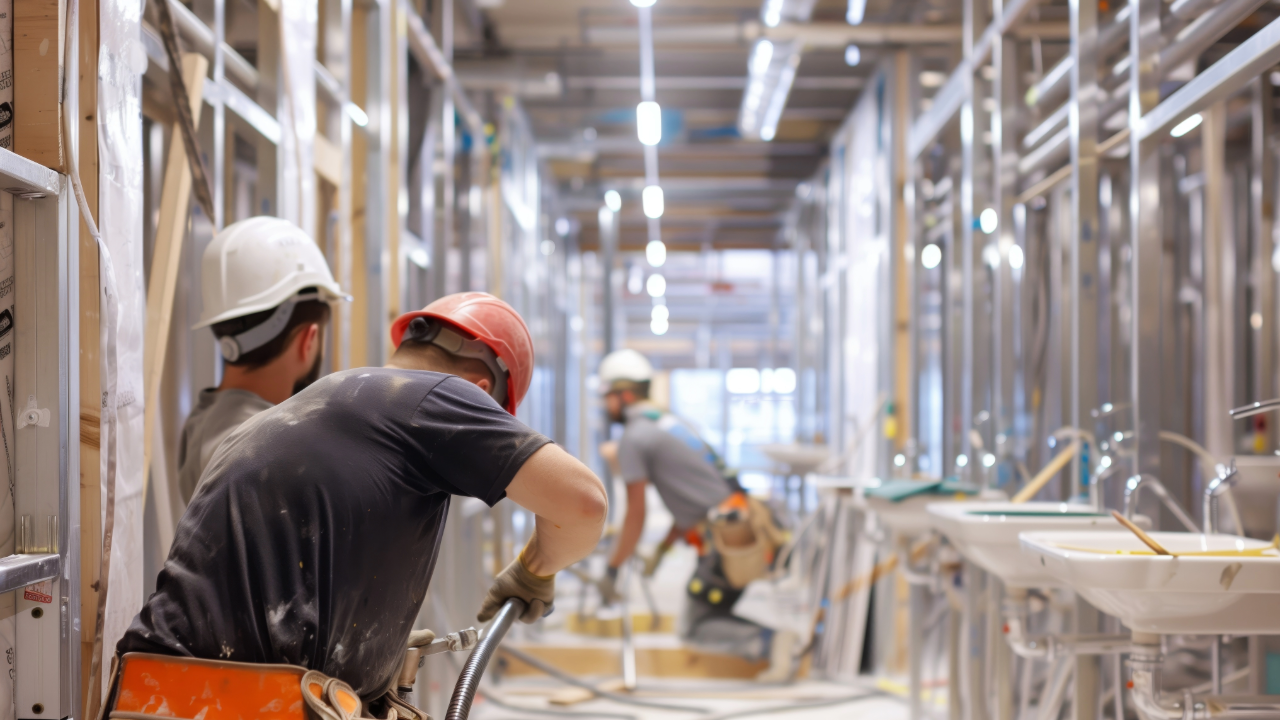 Commercial plumbers installing sink and pipe systems in large construction project