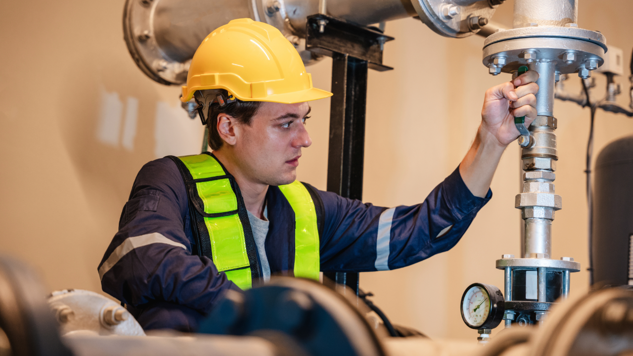 Industrial plumbing professional performing valve maintenance and pipe installation