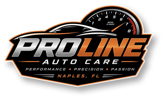 ProLine Auto Care logo with speedometer graphic, black, orange, and white, Naples, FL