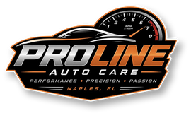 ProLine Auto Care logo with speedometer graphic, black, orange, and white, Naples, FL