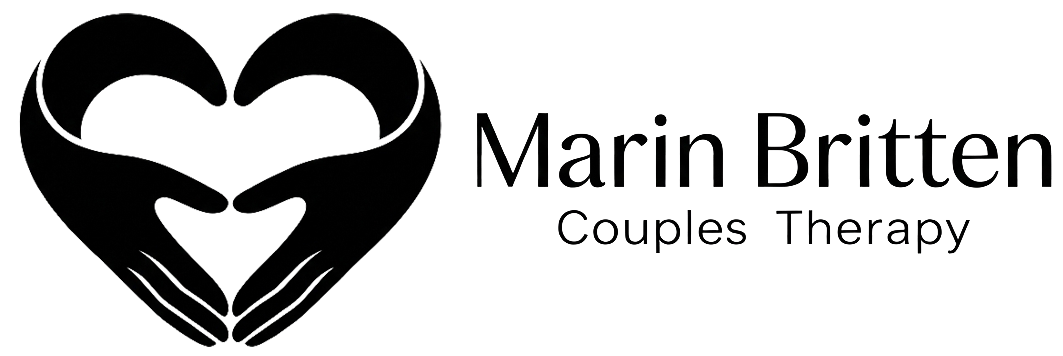 Marin Britten Couples Therapy logo with black heart-shaped couple icon and text on white background