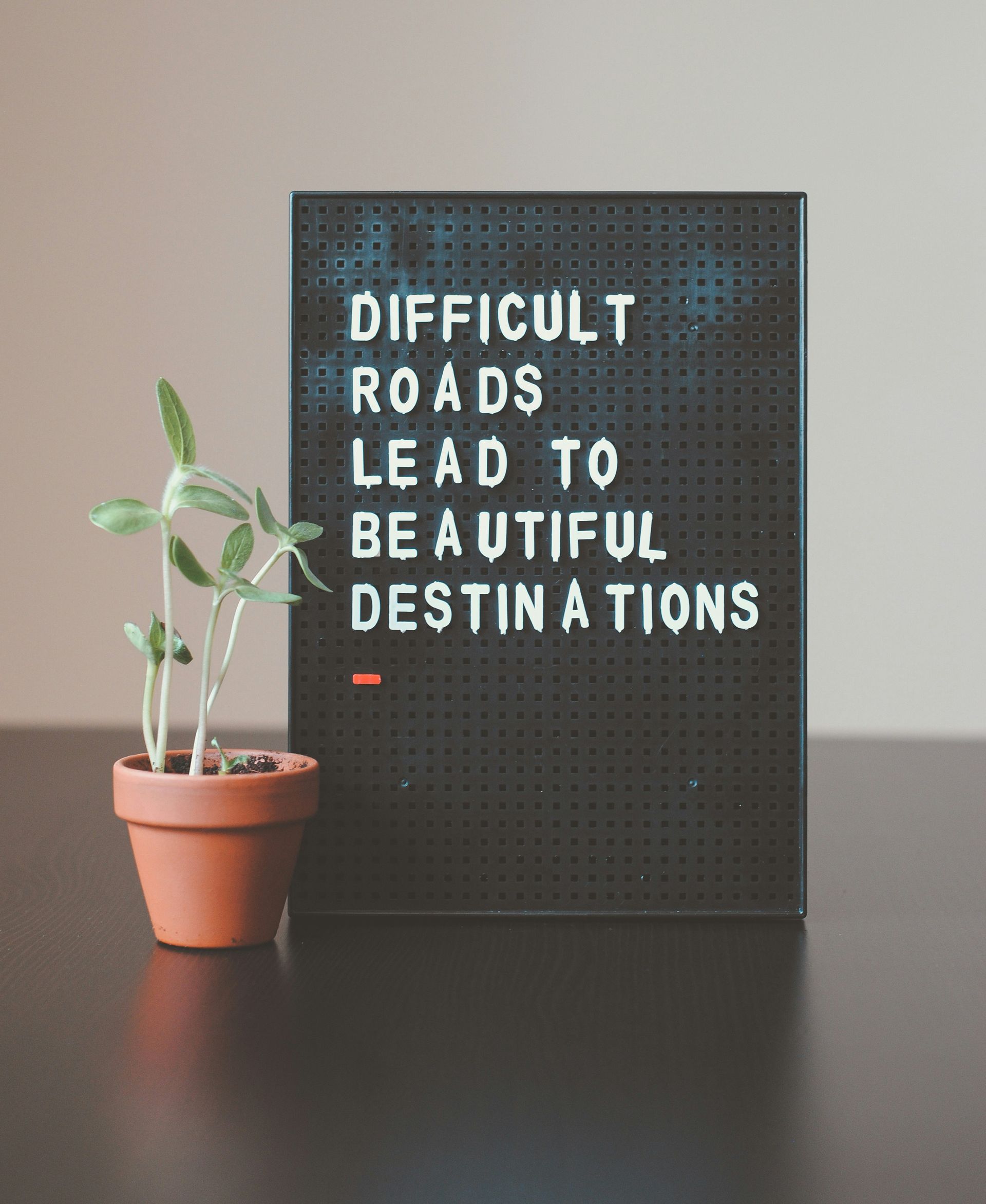 Letter board with the quote “Difficult roads lead to beautiful destinations” beside a small potted plant.