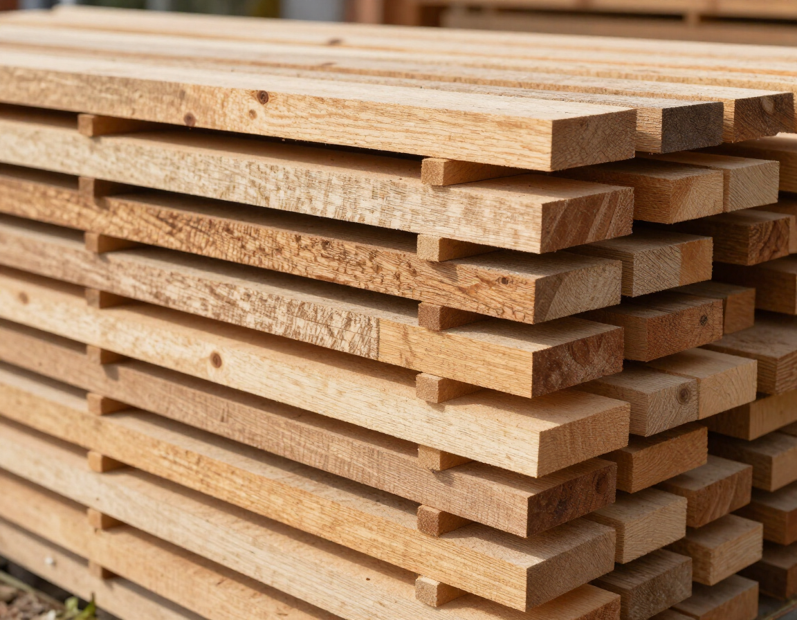 Tablones de madera marrón claro apilados en un almacén de madera