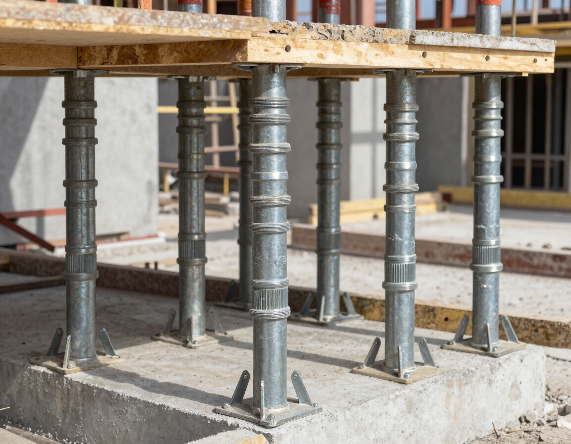 Encofrado de losa de hormigón sostenido por puntales metálicos ajustables en una obra en construcción