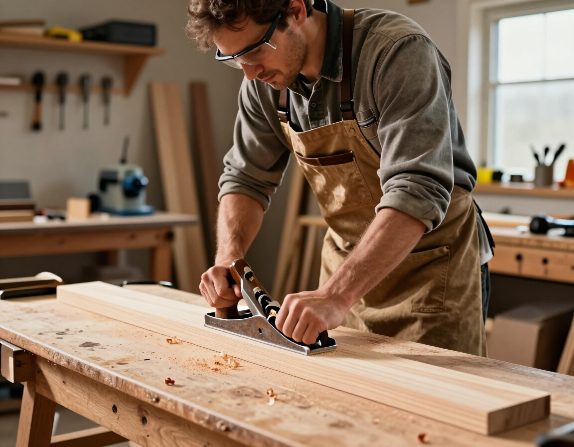 Carpintero con delantal cepillando una tabla larga de madera en un taller