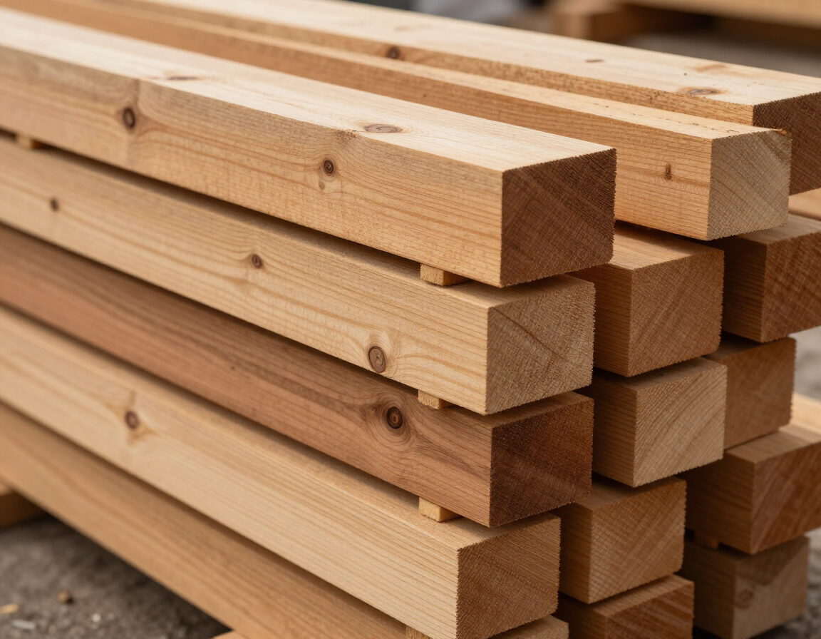 Tablones de madera apilados, de color marrón claro, atados en el exterior de una obra de construcción