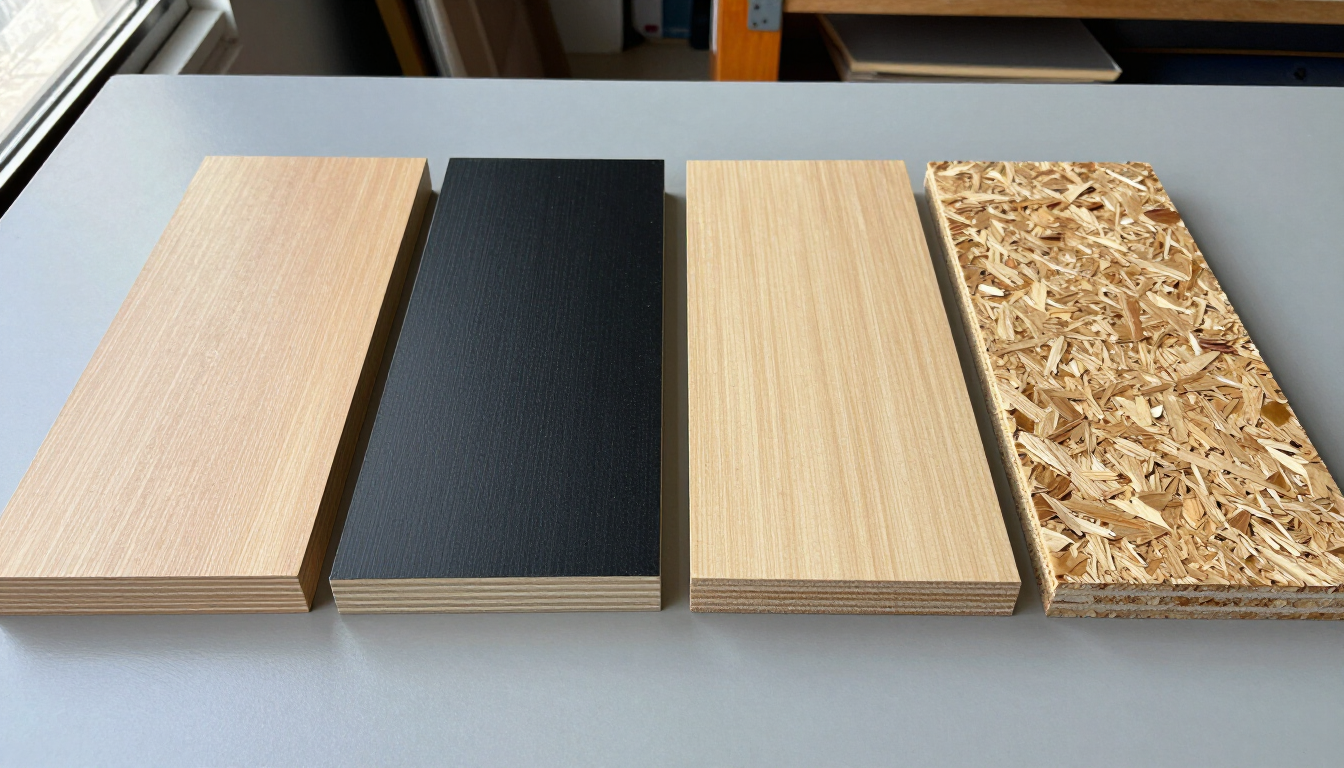 Cuatro muestras de madera sobre una mesa, con distintos acabados y texturas, incluida madera clara y laminado negro.
