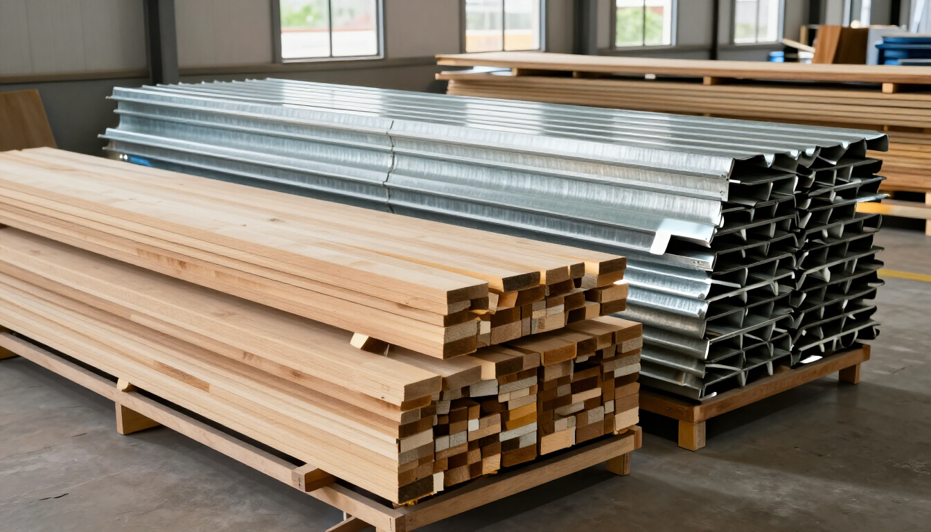 Montones de vigas de madera y metal sobre palés en un almacén