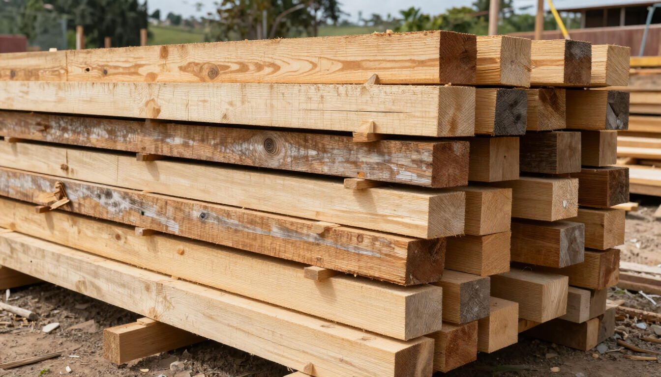 Tablones de madera aserrada en bruto apilados al aire libre en un aserradero o una obra de construcción.