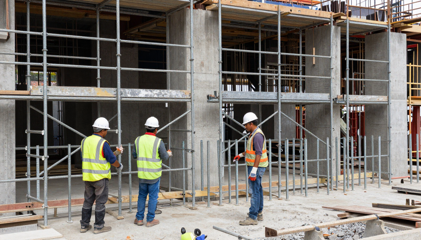 Obreros de la construcción con cascos y chalecos de seguridad en una obra con andamios y muros de hormigón