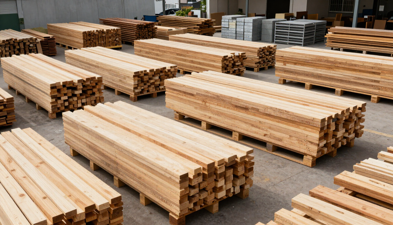 Montones de tablas de madera cortadas apiladas en un patio, con pilas de madera sobre palés.