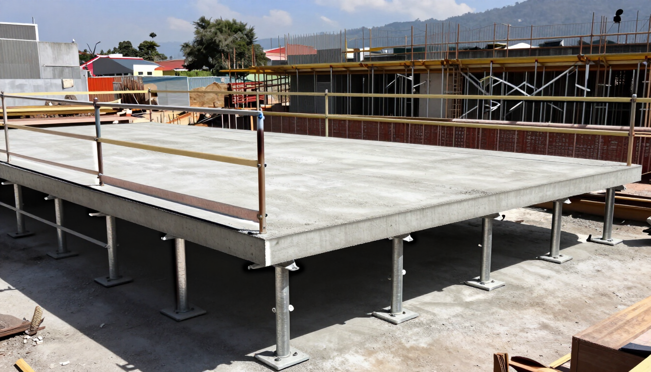 Plataforma elevada de hormigón en construcción, con soportes metálicos, en una obra al aire libre.