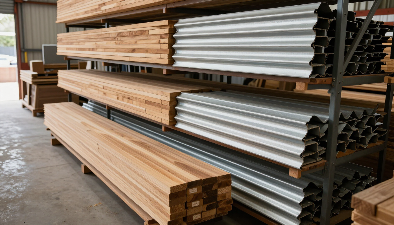 Montones de madera y paneles metálicos blancos almacenados en estanterías industriales en el patio de un almacén