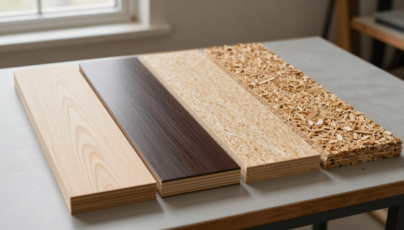 Cuatro muestras de madera colocadas una al lado de la otra sobre una mesa junto a una ventana.