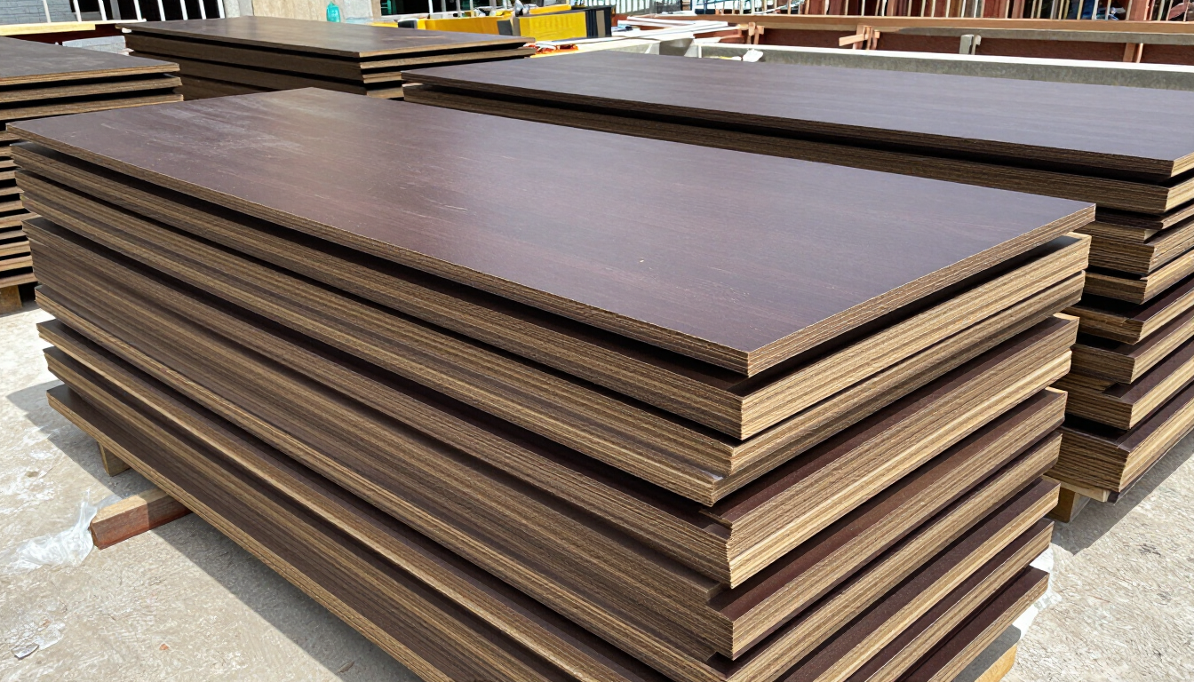 Montones de tableros de madera contrachapada marrón apilados sobre palés en el patio de un almacén