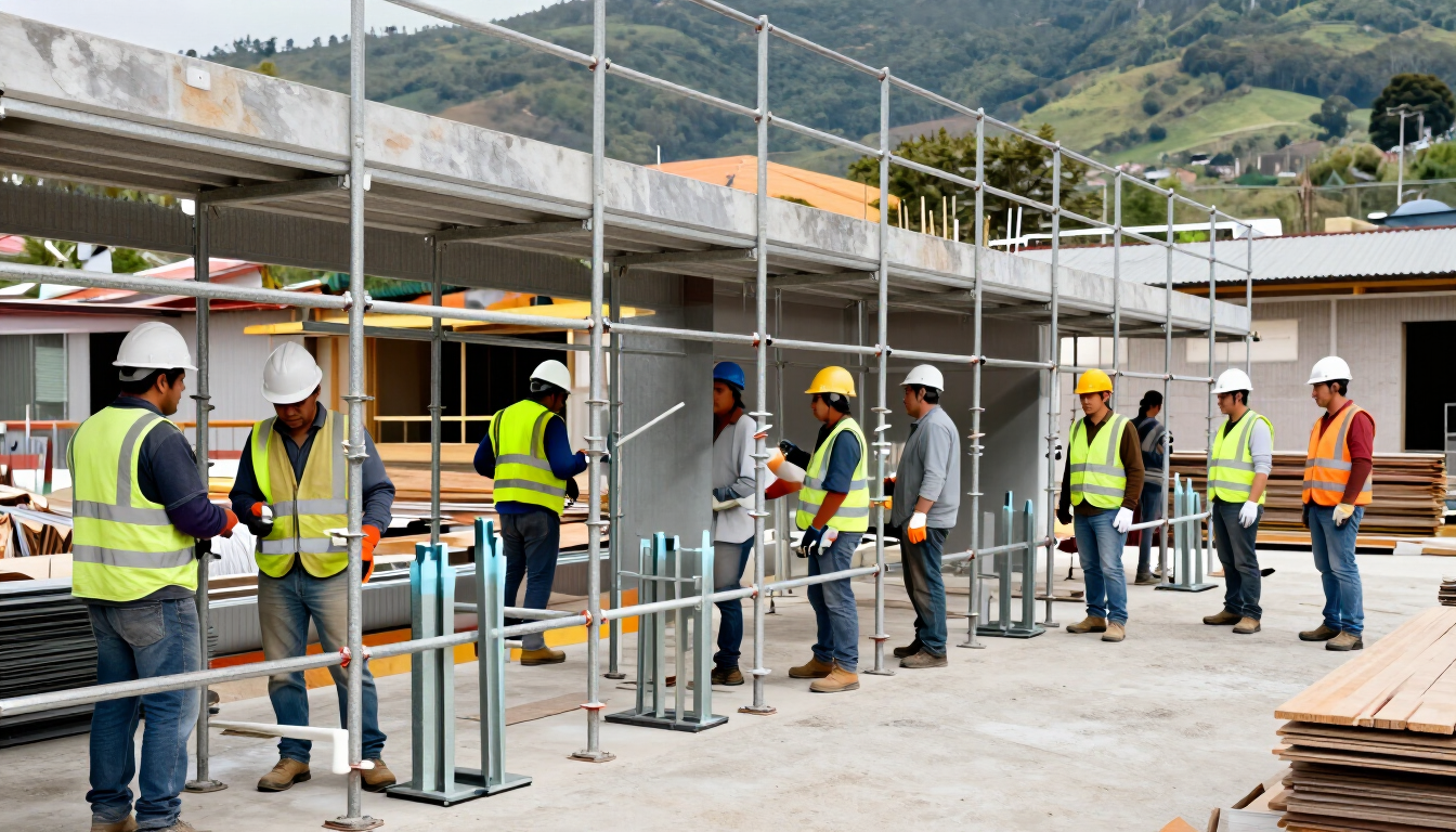 Un equipo de construcción con cascos y chalecos de seguridad montando un andamio metálico en una obra