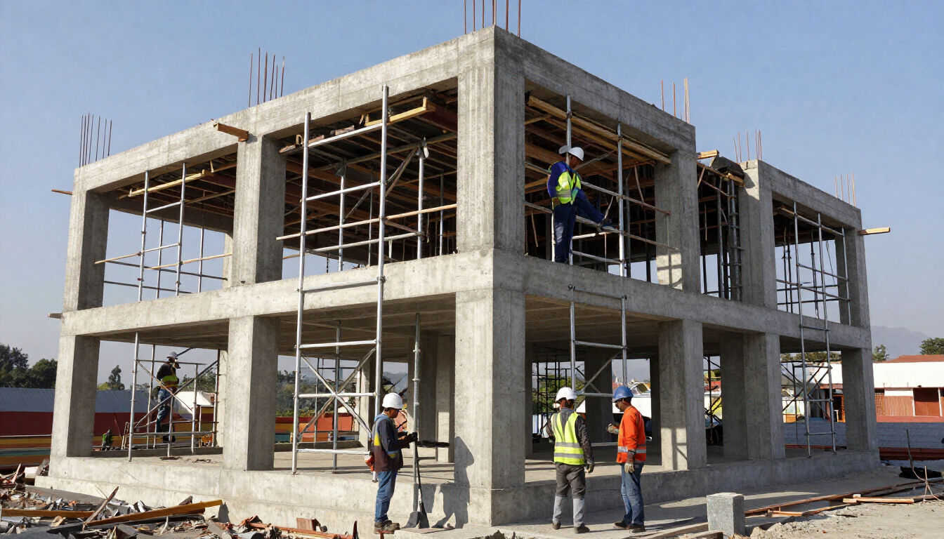 Obreros de la construcción trabajando sobre la estructura de hormigón de un edificio en una obra activa
