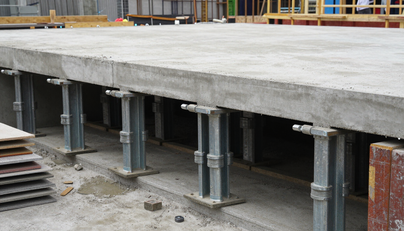 Losa de hormigón sostenida por puntales de acero en una obra en construcción