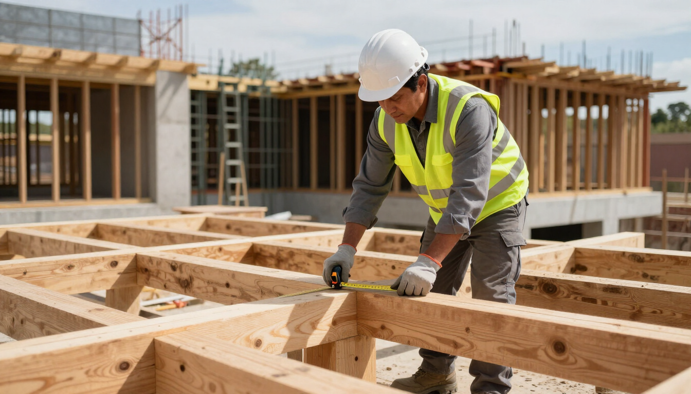 Trabajador de la construcción midiendo una estructura de madera en una obra con una cinta métrica