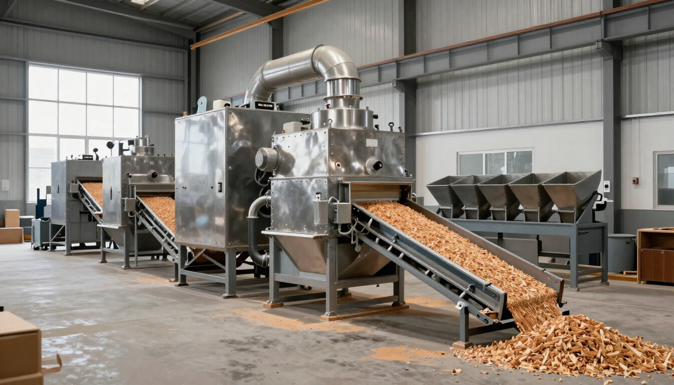 Máquina industrial de procesamiento de alimentos que alimenta una cinta transportadora