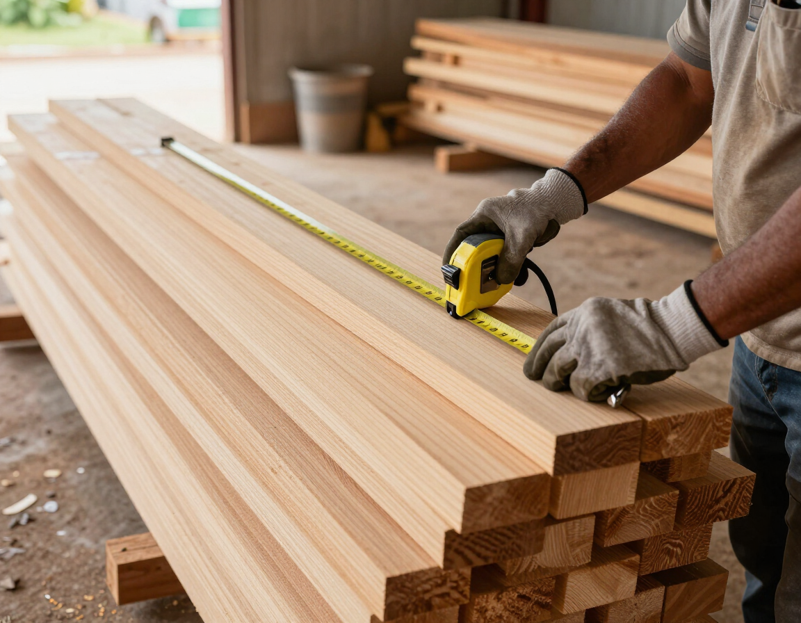 Un trabajador mide madera apilada con una cinta métrica en un taller
