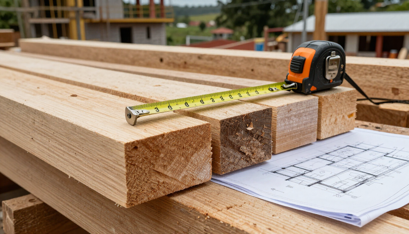 Madera de construcción con una cinta métrica y un plano sobre un banco de trabajo en una obra