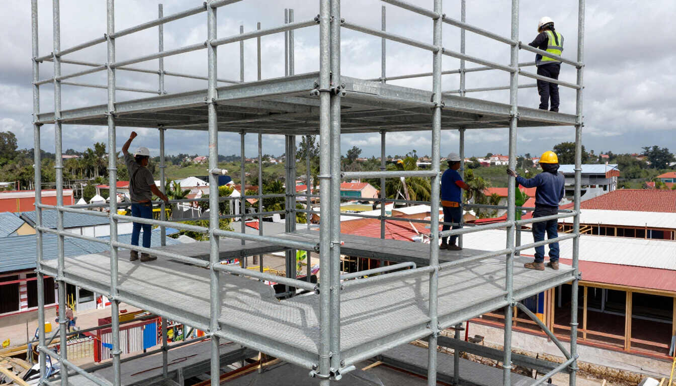 Trabajadores de la construcción en la estructura metálica de un edificio