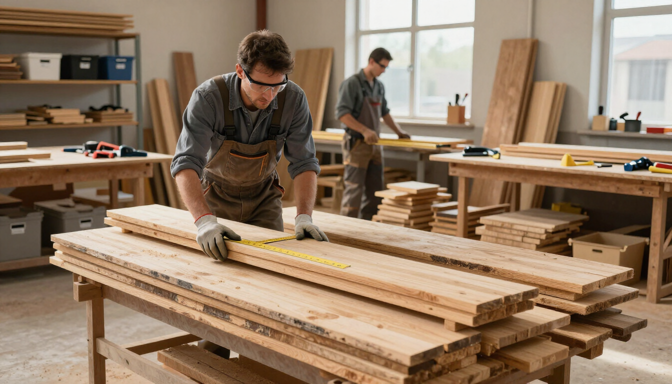 Dos trabajadores midiendo y lijando tablas de madera en un luminoso taller de carpintería