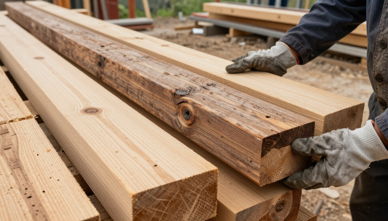 Manos enguantadas manipulando vigas de madera apiladas y sin cepillar en un aserradero