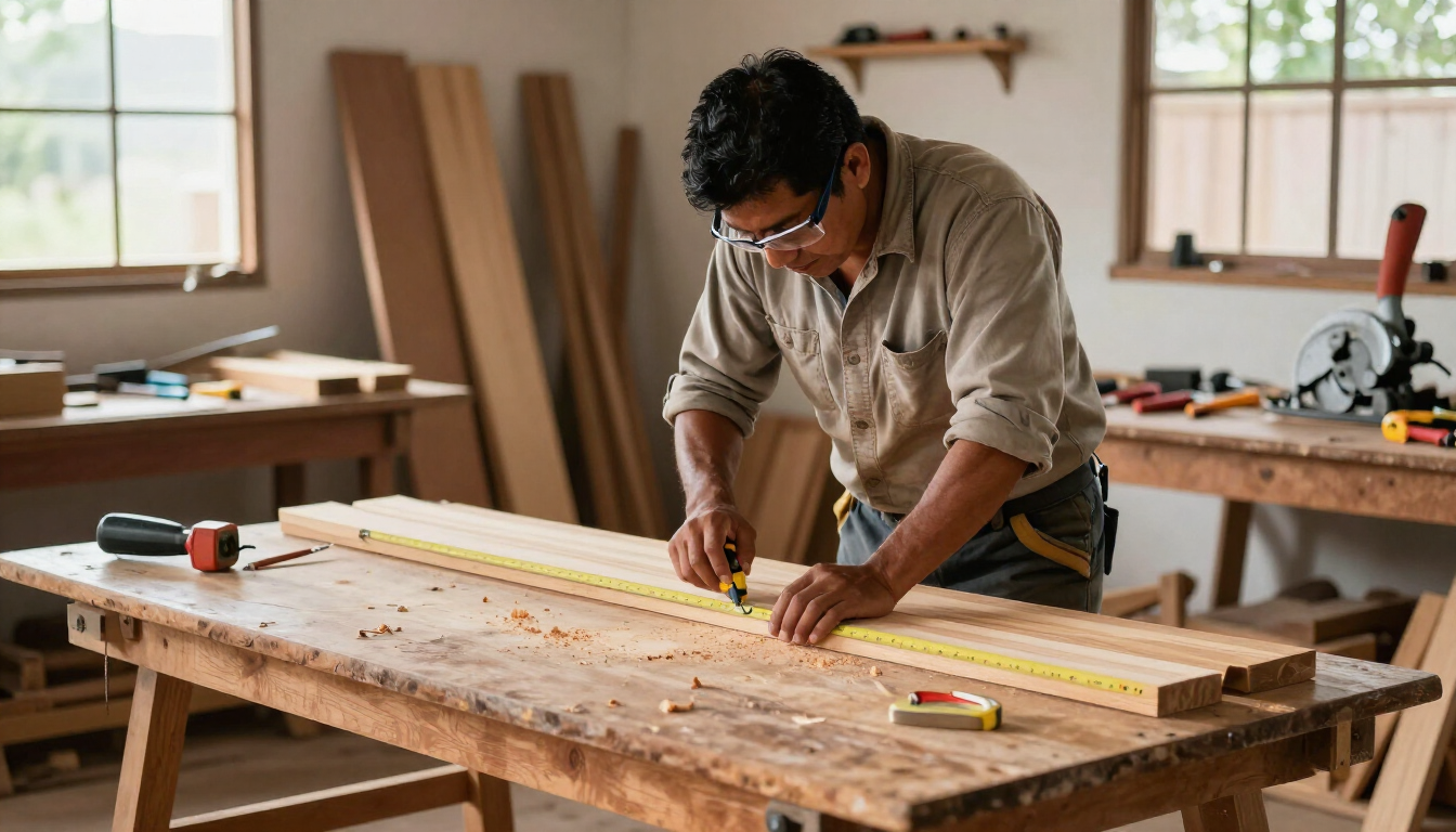Carpintero midiendo una tabla de madera sobre un banco de trabajo en un taller iluminado por el sol