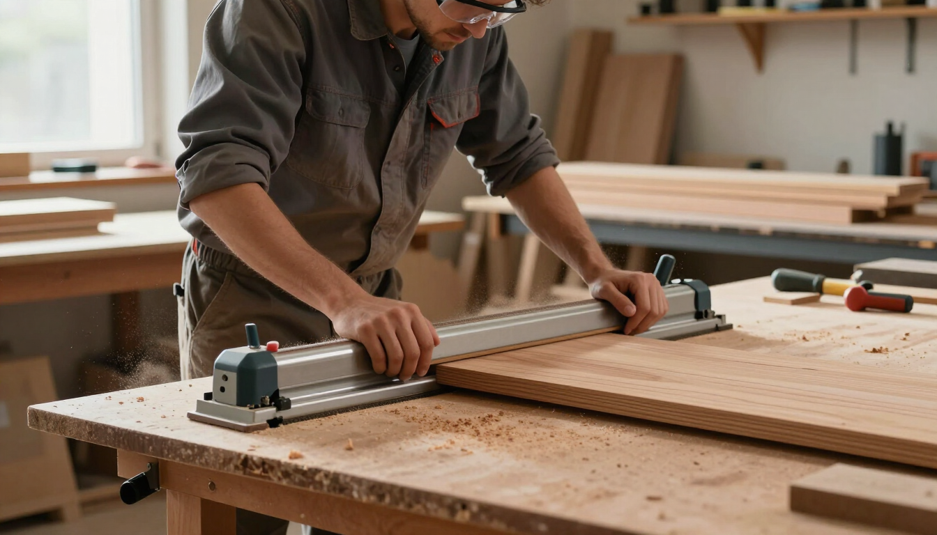 Trabajador usando una sierra eléctrica para cortar una tabla de madera en un taller luminoso