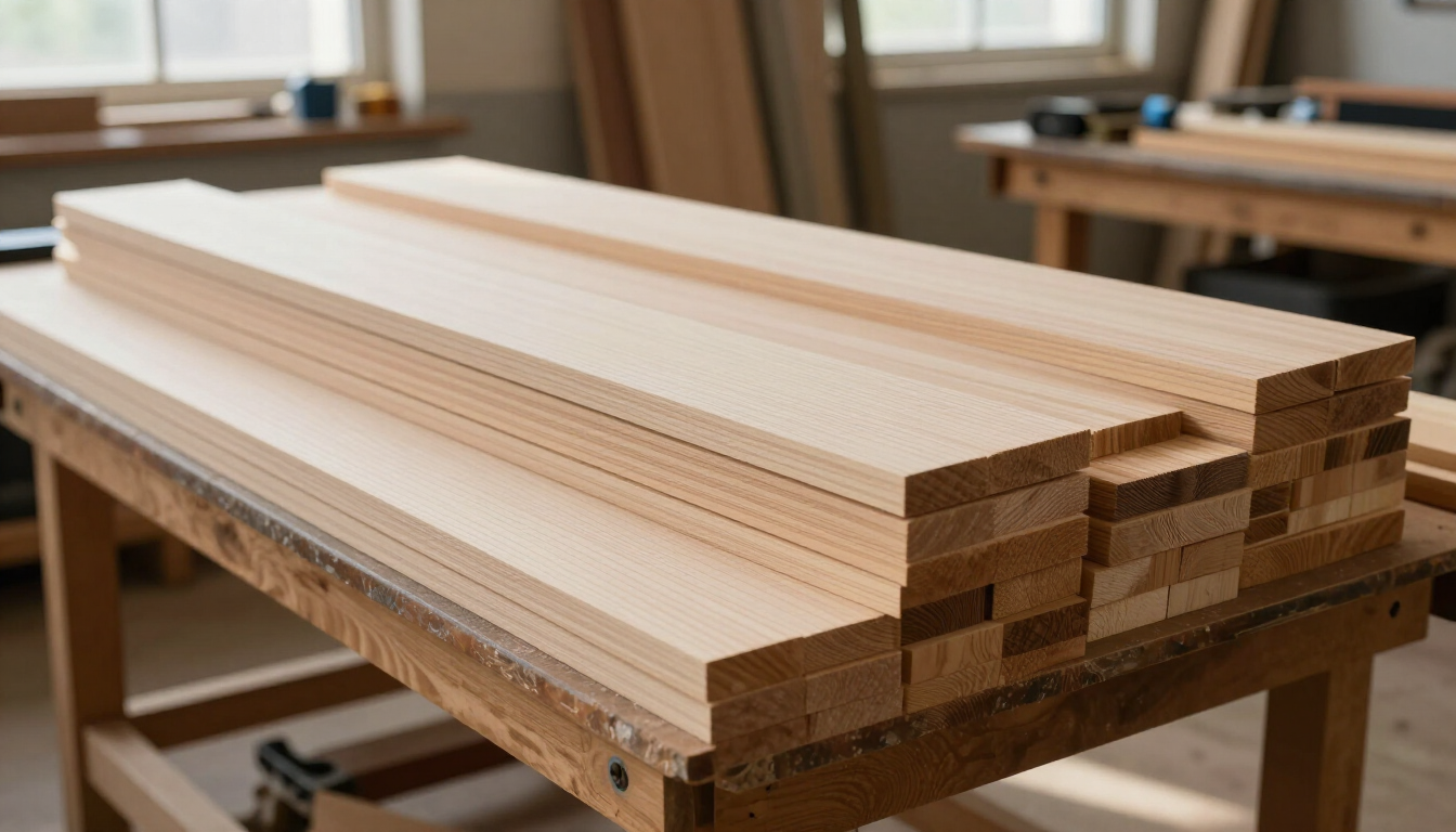Tablones de madera apilados sobre un banco de trabajo en un taller de carpintería