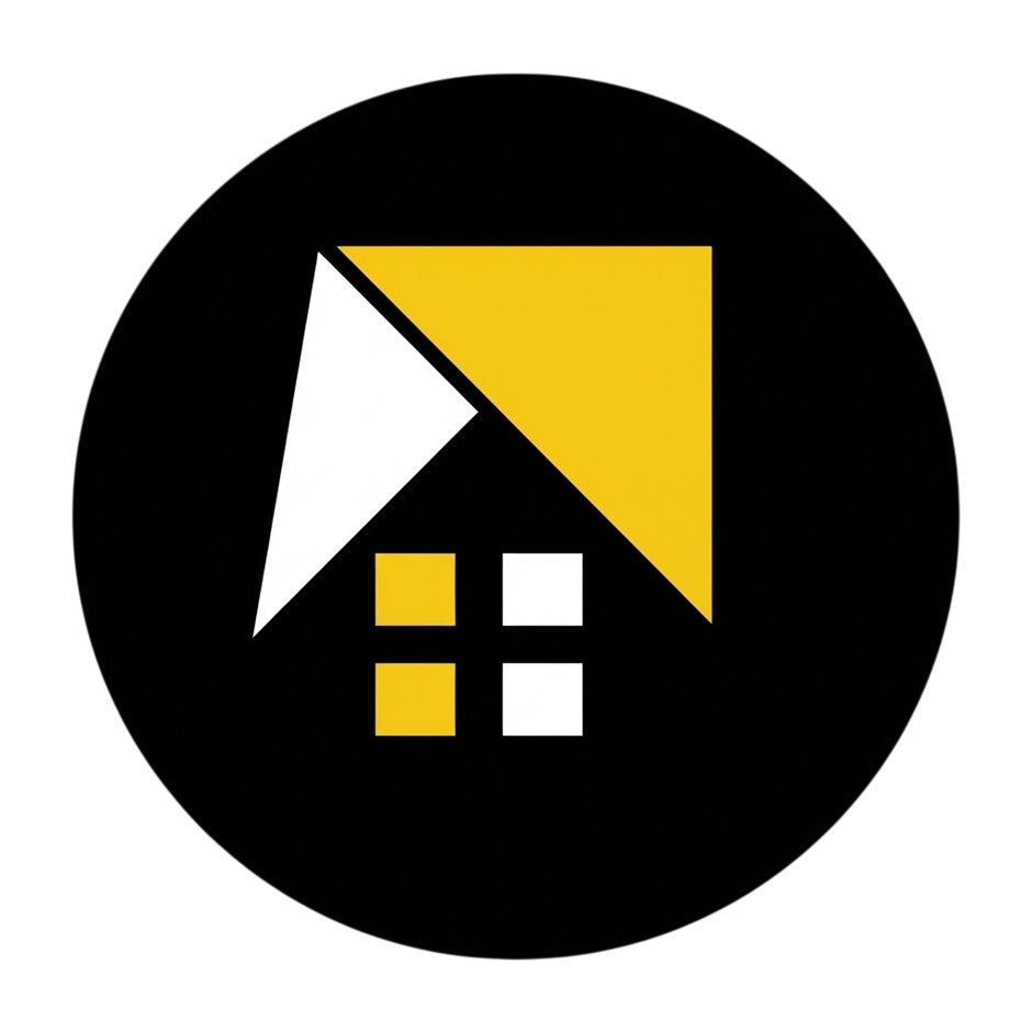 Logotipo circular negro con un icono de una casa amarilla y blanca y pequeñas ventanas cuadradas