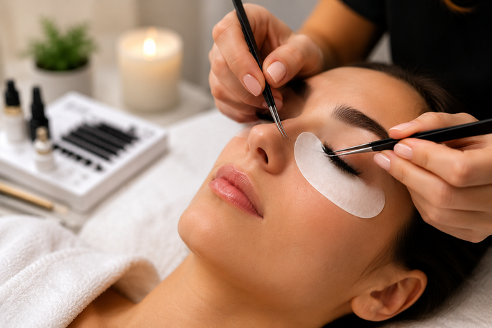 Un'estetista applica extension alle ciglia su una donna con dei dischetti oculari in una cabina per trattamenti in una spa.