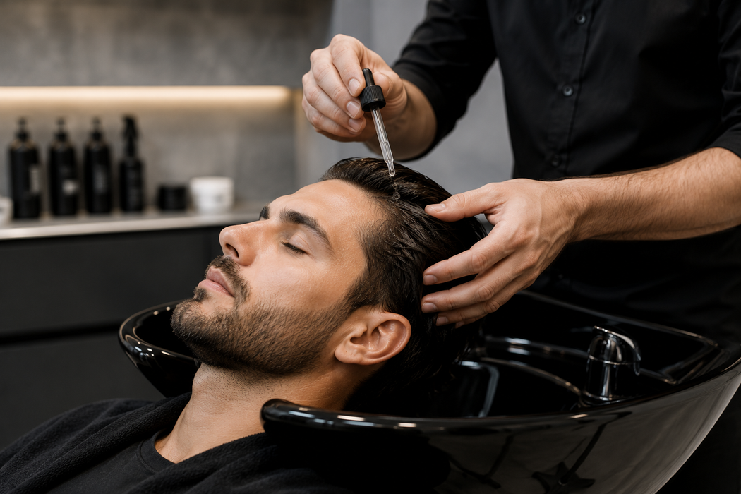 Un barbiere usa pettine e forbici su un uomo sdraiato in una bacinella per lo shampoo in un salone.