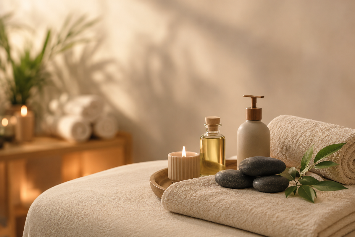 Allestimento da spa con candele, pietre e lozione su un asciugamano accanto a una coperta beige arrotolata.