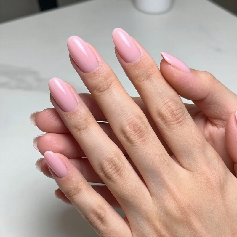 Primo piano di mani con unghie curate, lucide, rosa pallido e a mandorla.