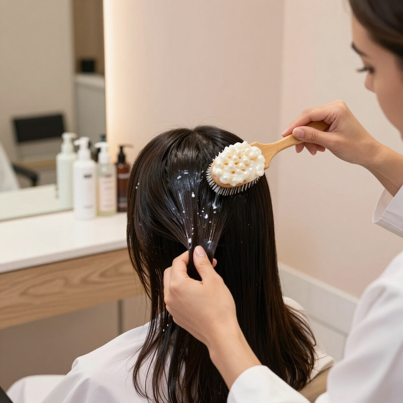 Parrucchiere in un salone che lava i capelli scuri di una cliente con una spazzola per shampoo al lavandino